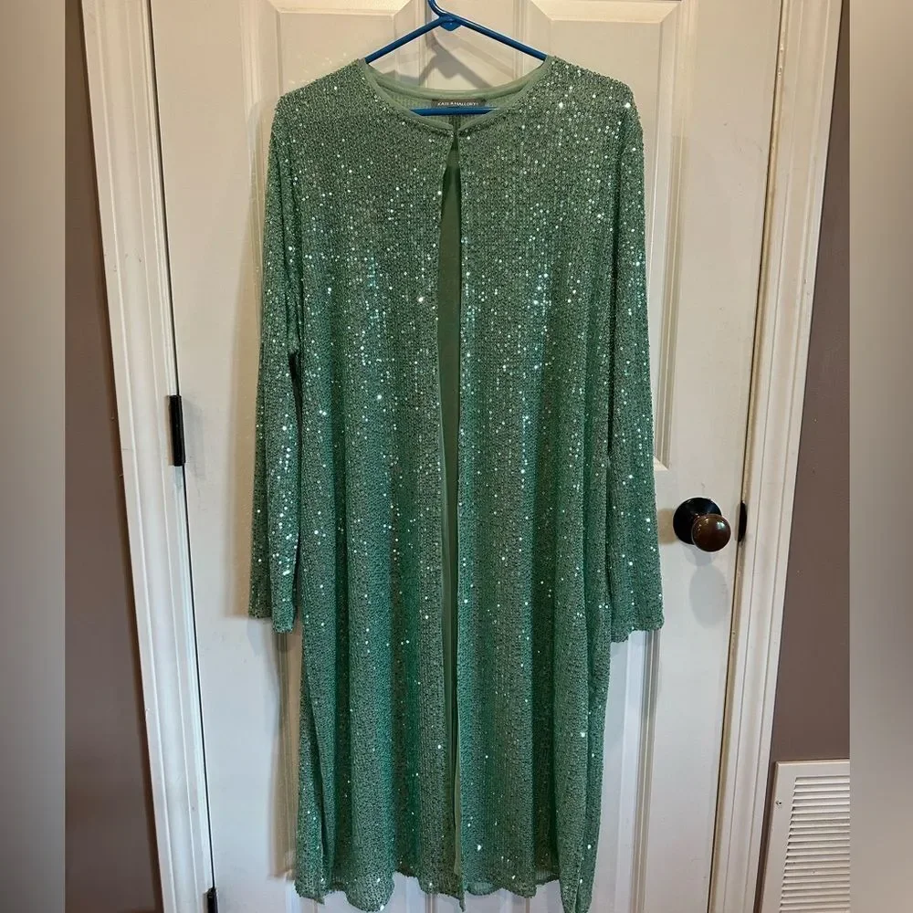 Kate & Malory XL Elegant Green Bling Sequin Cardigan - Picture 3 of 7